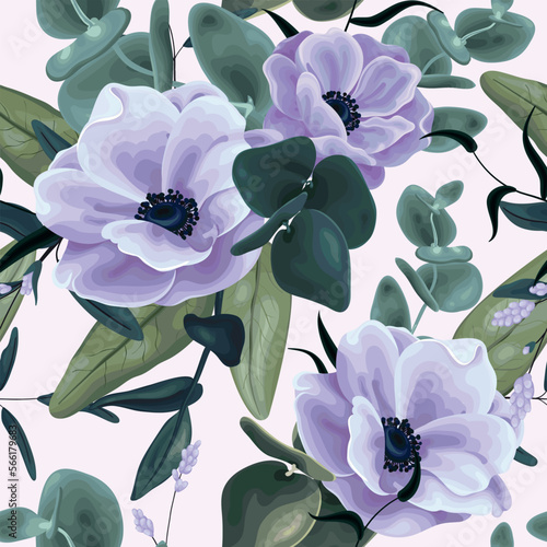 Seamless floral pattern with large blue flowers, foliage on white background. Beautiful botanical design with hand drawn anemone flowers, leaves in bouquets. Vector illustration, watercolor imitation.