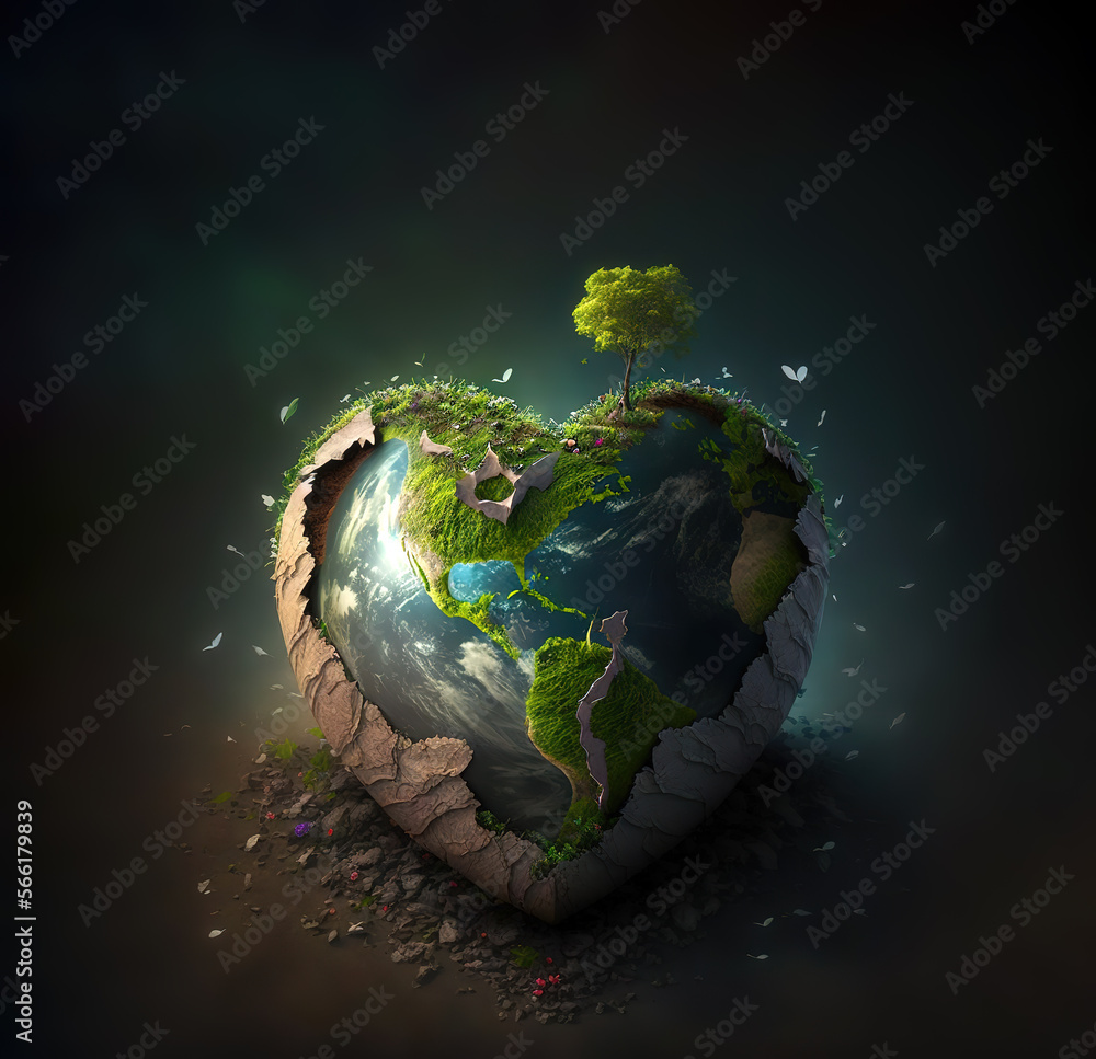 Fototapeta premium Earth globe in heart shape, love and care for Earth day. . Generative AI
