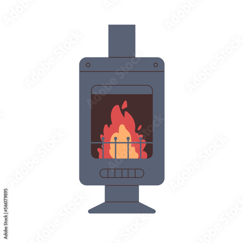 Fireplace, metal fireside. Warm hot fire place, side with burning flames, blaze behind grate. Cozy home furnace, hearth, heat. Flat vector illustration isolated on white background