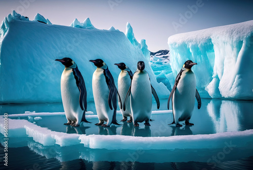 Penguin group on melting iceberg  global warming. Generative AI