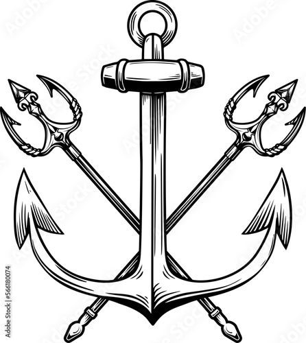 Illustration of sea anchor with crossed tridents. Design element for logo, sign, emblem. Vector illustration
