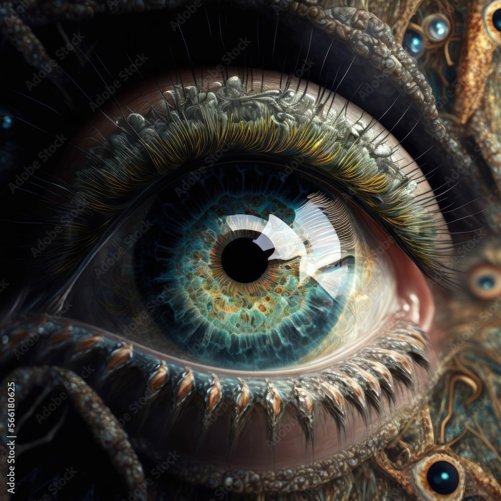 Abstract human blue eye, beautiful closeup zoom ,made with Generative AI