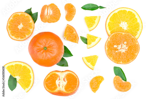 Sliced of tangerine and oranges isolated on white, top view