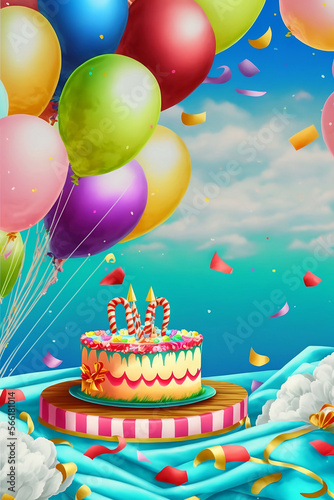 illustration with birthday cake with balloons