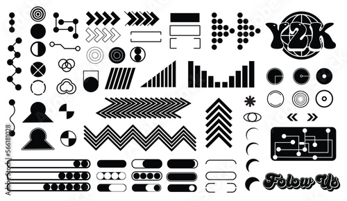 Set of Y2K bling retro elements and abstract brutalism shapes. Hipster graphic objects for logo, icon, web design. Modern vector illustration isolated on white background