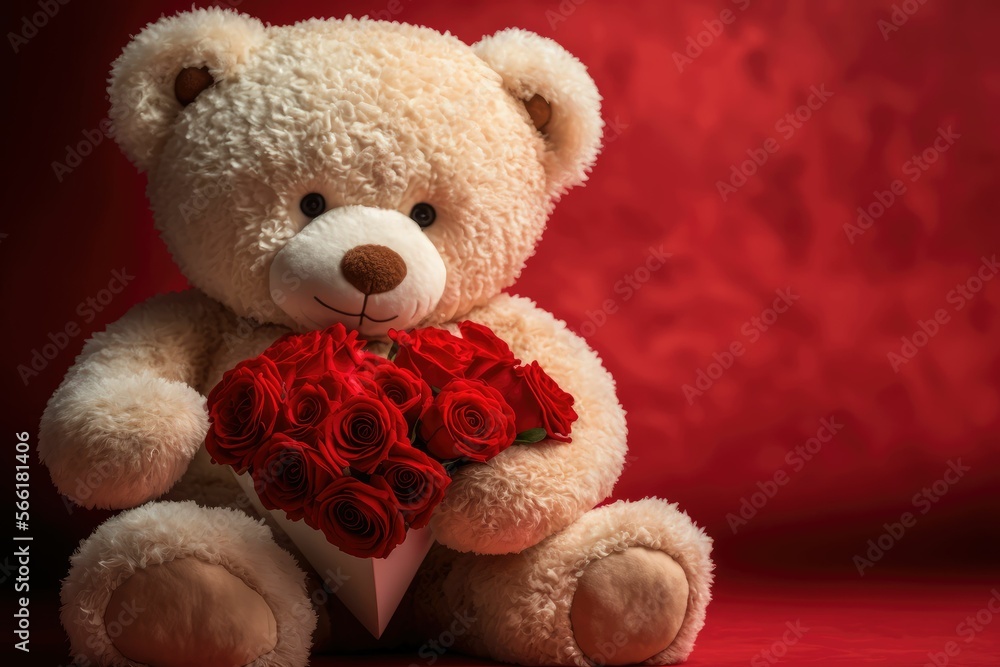 Fototapeta premium Teddy bear with roses for Valentine's Day ,made with Generative AI