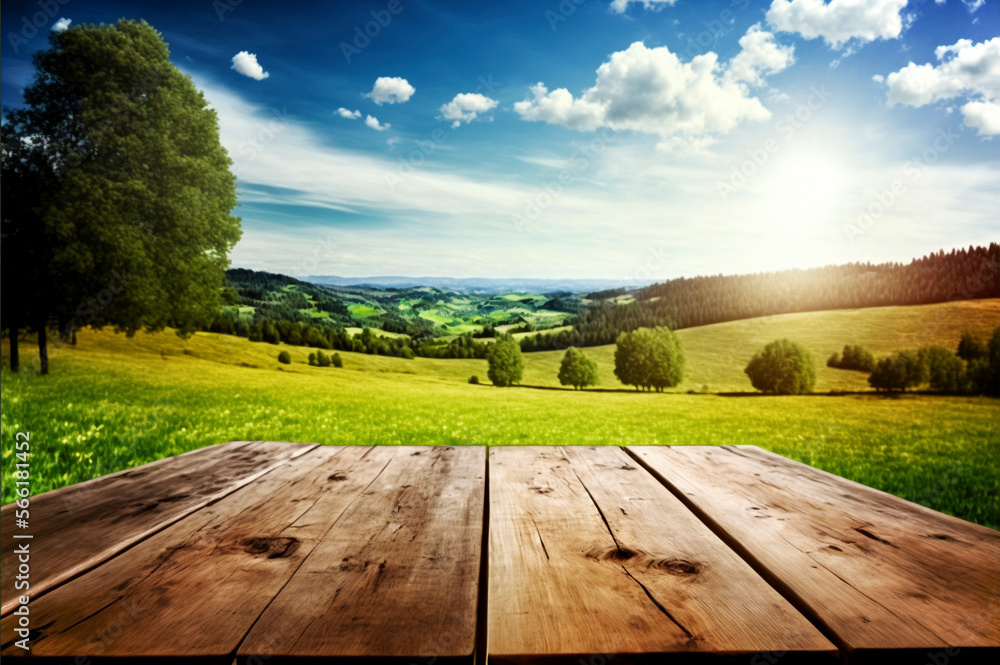 Fototapeta premium Wooden board with podium and green landscape of mountains. ai generative.