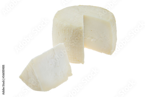 Small head of goat cheese with one section isolated on white