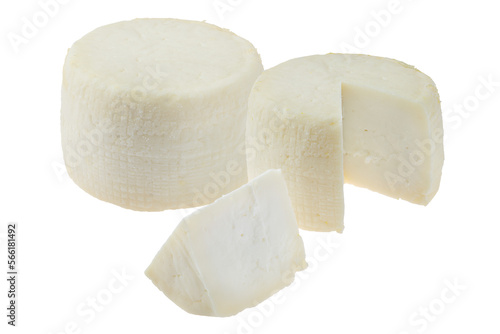 Two heads of goat cheese whole and cut isolated on white