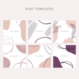 Collection of 6 abstract social media post templates. Space for text. Background frame with smooth pastel shapes.