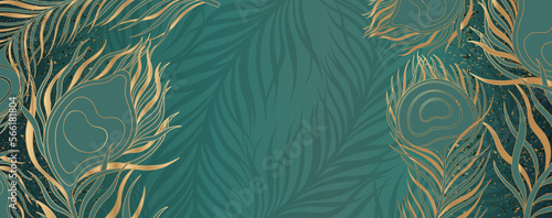 Horizontal banner with peacock feathers. Luxury and beautiful decoration design for text background. Modern transparency wallpaper.