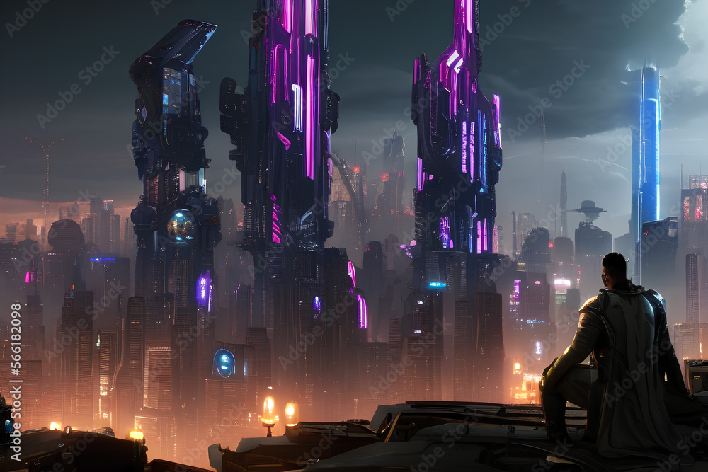 Futuristic cyberpunk city skyline dystopian building architecture view ...