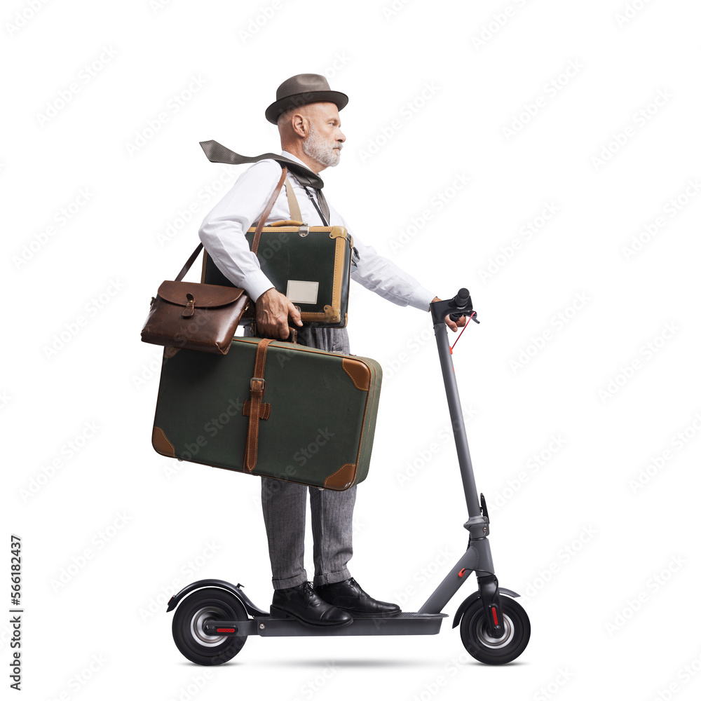 Retro style traveler riding a scooter