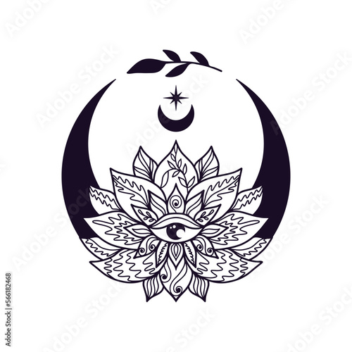 Crescent moon and lotus flower mystial symbol with moon phases.