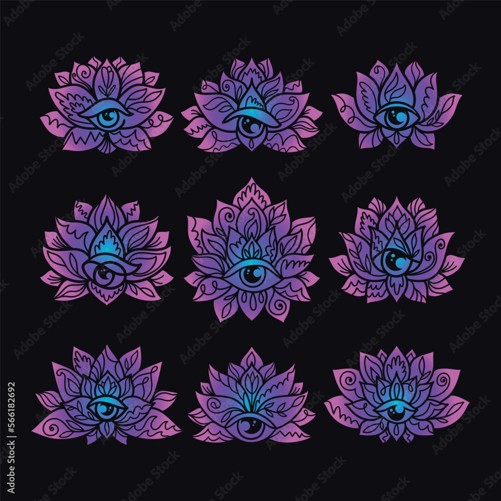 Set of ornamental lotus flower patterns with third eye. Decoration in oriental, Indian style. Set of ornamental lotus flower patterns with third eye. Decoration in oriental, Indian style.