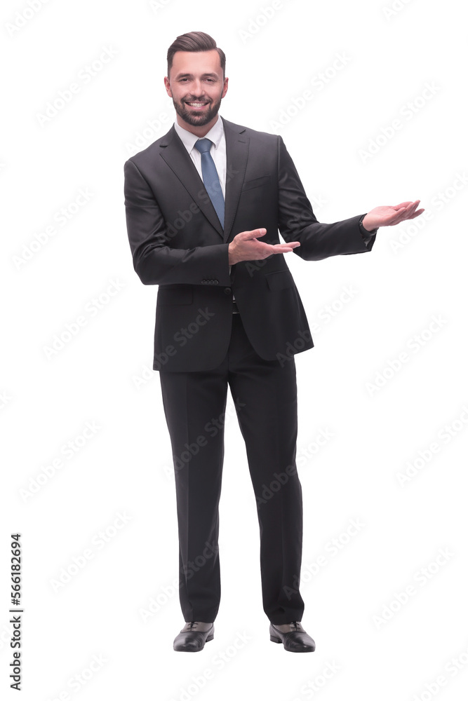 smiling handsome businessman pointing somewhere to the side. isolated on white smiling handsome businessman pointing somewhere to the side. isolated on white