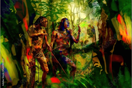 Obraz na płótnie amazon art, hunters, in the jungle, natives, abstraction, canvas print, AI paint