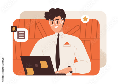 Happy business man at laptop. Smiling office worker, employee enjoying work. Excited enthusiastic successful manager, businessman working online at PC, surfing at PC. Flat vector illustration