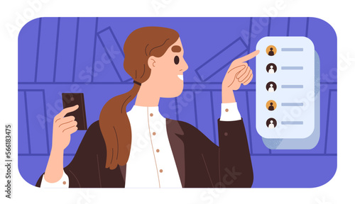 Employee, sales manager calling client, customer. Office worker scrolling contact list of contractors, partners on mobile phone, smartphone at work. Businesswoman, cellphone. Flat vector illustration