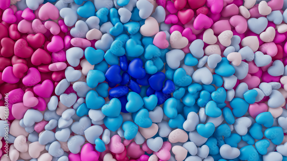 Multicolored Heart background. Valentine Wallpaper with Pink, White and Blue love hearts. 3D Render Multicolored Heart background. Valentine Wallpaper with Pink, White and Blue love hearts. 3D Render