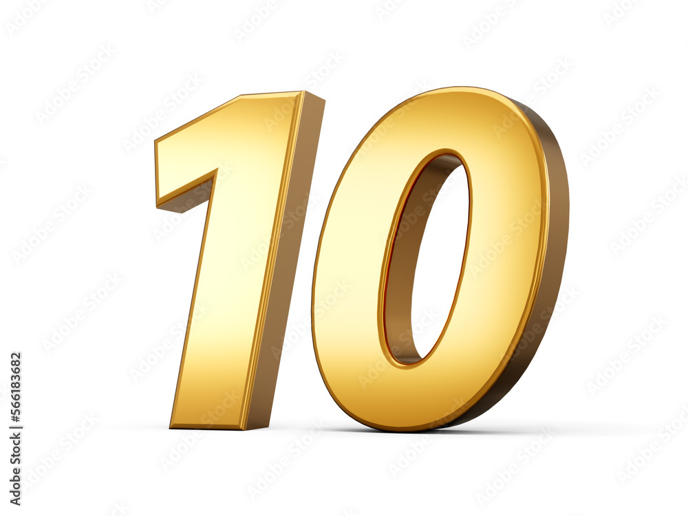 Golden metallic Number 10 Ten, White background 3d illustration Golden metallic Number 10 Ten, White background 3d illustration