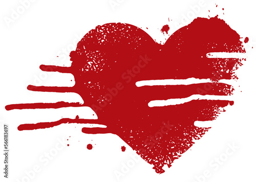 Vector abstract red heart sign with drops and streaks. A bloody heart with spots isolated on a light background. Suitable for valentine card, t-shirt design, tattoo, sticker, design element, greetings