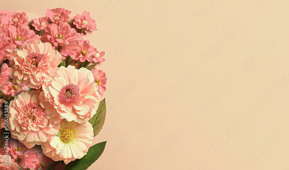 Pink flowers. March 8, birthday or valentine's day background card. Floral banner with copy space. Flower bouquet. Spring concept. Generative AI Pink flowers. March 8, birthday or valentine's day background card. Floral banner with copy space. Flower bouquet. Spring concept. Generative AI