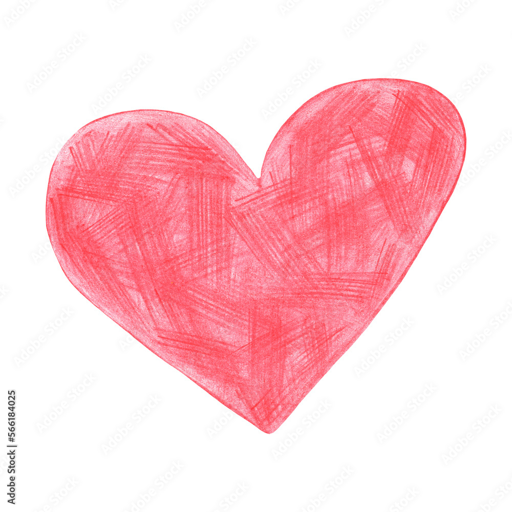 Red Heart Drawn by Colored Pencil. The Sign of World Heart Day. Symbol of Valentines Day. Heart Shape Isolated on White Background. Red Heart Drawn by Colored Pencil. The Sign of World Heart Day. Symbol of Valentines Day. Heart Shape Isolated on White Background.