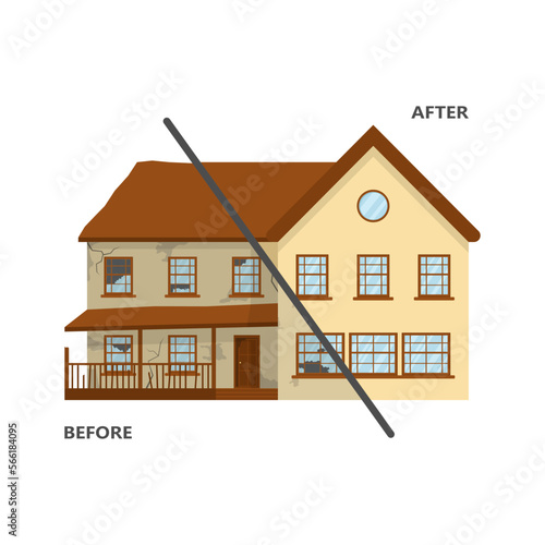 Broken and repaired house. Home before and after repair. Renovation building. Old abandoned dilapidated and new suburban cottage. House damaged cataclysm, earthquake and hurricane. Vector