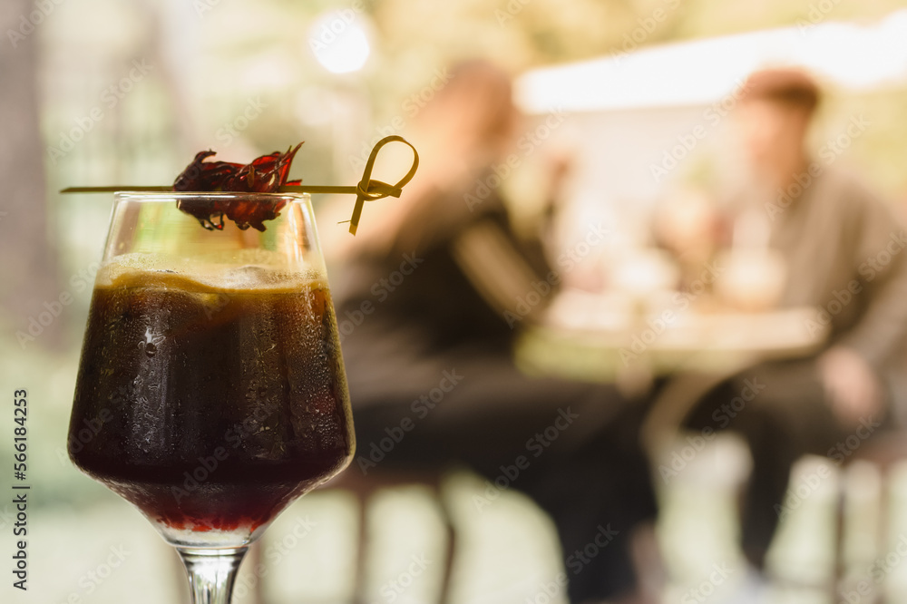 Red Rosella juice cold drink on natural light background. Stock Photo