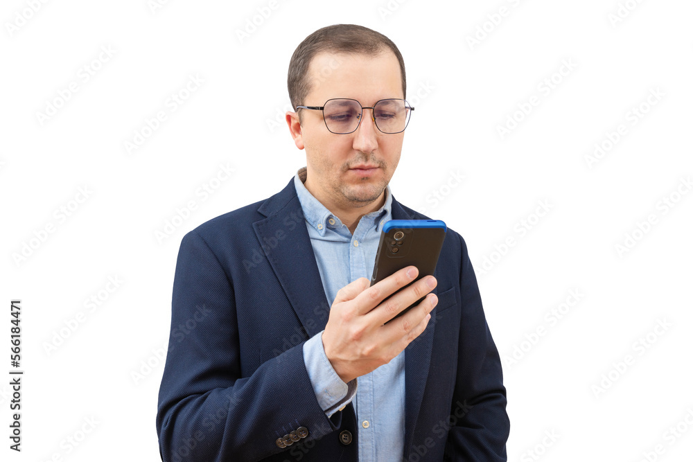 Young businessman, bank worker, freelancer, financial consultant using mobile phone isolated on white background Young businessman, bank worker, freelancer, financial consultant using mobile phone isolated on white background