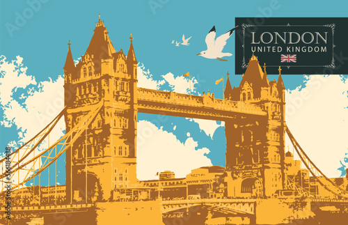 Vintage postcard with famous Tower-Bridge in London, UK. Retro postcard with a british flag and words London, United Kingdom