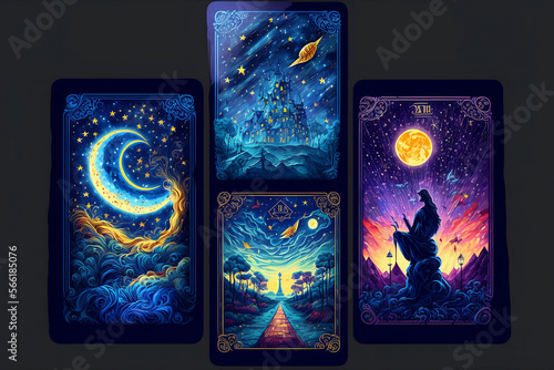 tarot card illustration with sky and stars on dark background