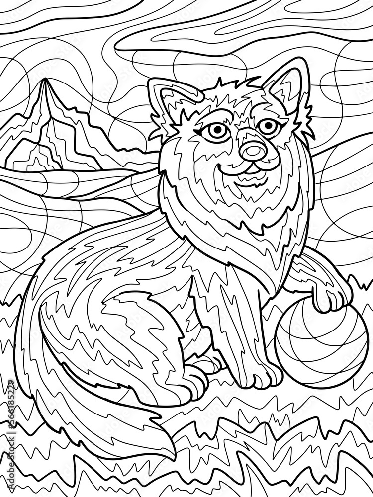 Corgi dog playing with a ball in the park. Antistress for children and adults. Illustration on white background. Zen-tangle style. Corgi dog playing with a ball in the park. Antistress for children and adults. Illustration on white background. Zen-tangle style.