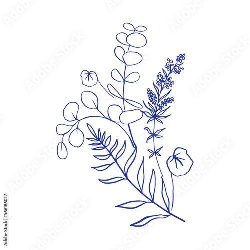 Bouquet of beautiful herbs, eucalyptus and fern branches.