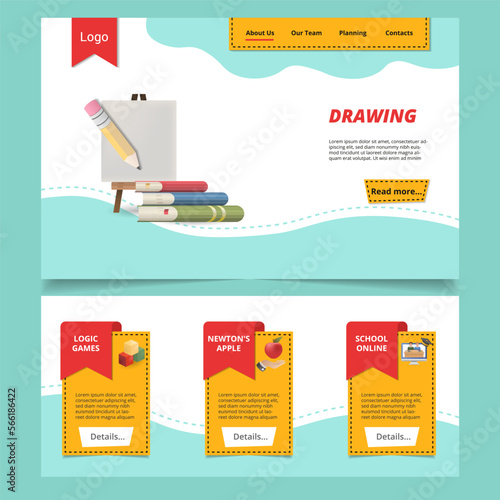 Drawing flat landing page website template. Logic games, Newton's apple, school online. Web banner with header, content and footer. Vector illustration.