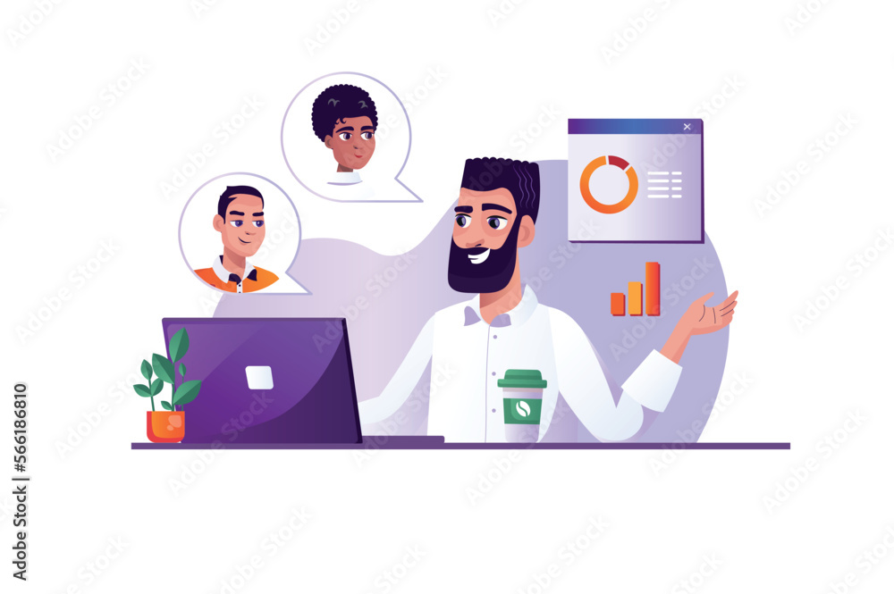 Purple concept Business video conference with people scene in the flat cartoon design. Manager discusses important issues with his employees via video conference. Vector illustration.