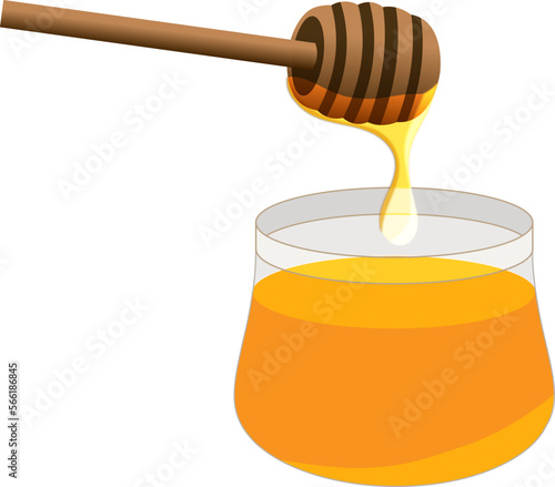 Honey dripping from dripper into the glass jar on isolated white background. Vector illustration.