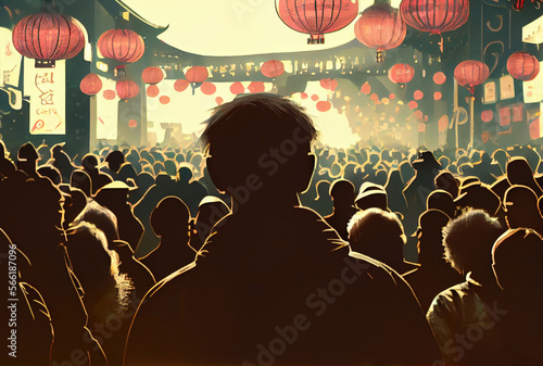 Crowd tourists in Chinatown with Chinese lantern background. Generative AI