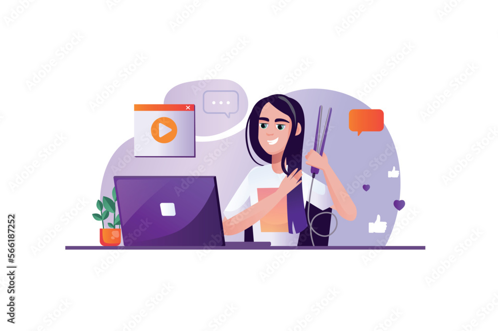 Purple concept Video blogging with people scene in the flat cartoon design. Blogger records a video in which she advertises a new hair dryer. Vector illustration.