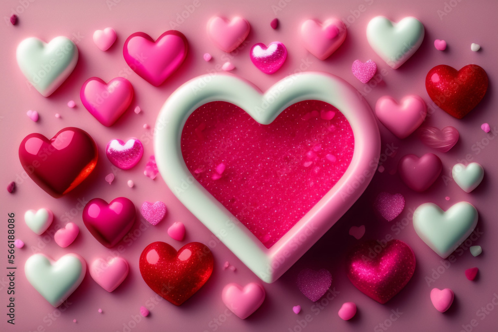Valentine hearts on a pink background. Generative AI.