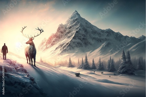 Winter landscape with a cold snowy mountain peak and a reindeer 