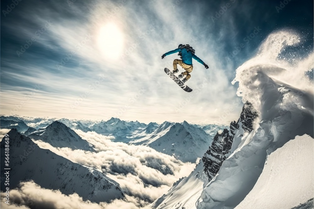 Snowboarder doing the extreme trick in the icy Alps