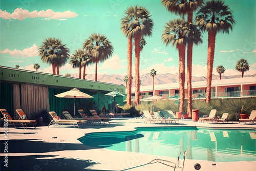 American holiday resort with palm trees and pool