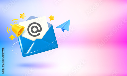 The bell, letter and blue plane. Breaking news concept. 3d vector banner with copy space