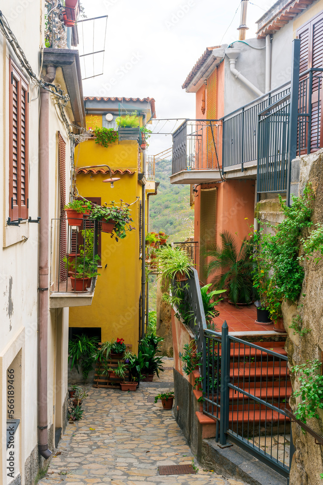 Fototapeta premium beautiful narrow medeterranean street with vintage buildings , beautiful windows and picturesque balcony with attributes of traditional italian country life