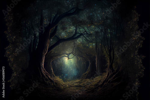 Image of a road in the dark forest. Generative ai.
