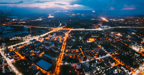 Brest  Belarus. Aerial Bird s-eye View Of Brest Cityscape Skyline. Night Traffic In Residential District.