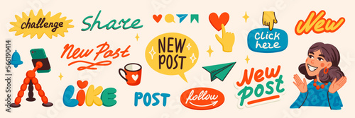 Blog content icons. Various colorful stickers and a girls blogger portrait. Blogger or vlogger cartoon character making internet content vector flat illustration