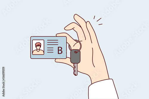 Category B car license with photo and truck ignition key in person hand. Guy boasts of drivers documents confirming completion of course in driving vehicle. Flat vector illustration